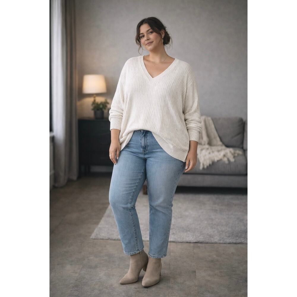 White Speckled Sweater V neck Cotton Blend Cable Knit Plus 2X Preppy Coastal